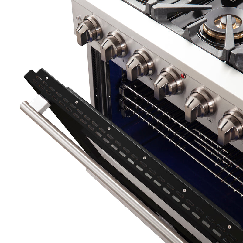 Forno Capriasca 36" Freestanding Gas Range in Stainless Steel with Black Door, 6 Brass Burners, True Convection, Telescopic Racks, FFSGS6260-36BLK