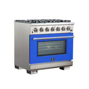 Forno Capriasca 36" Freestanding Gas Range in Stainless Steel with Blue Door, 6 Brass Burners, True Convection, Telescopic Racks, FFSGS6260-36BLU