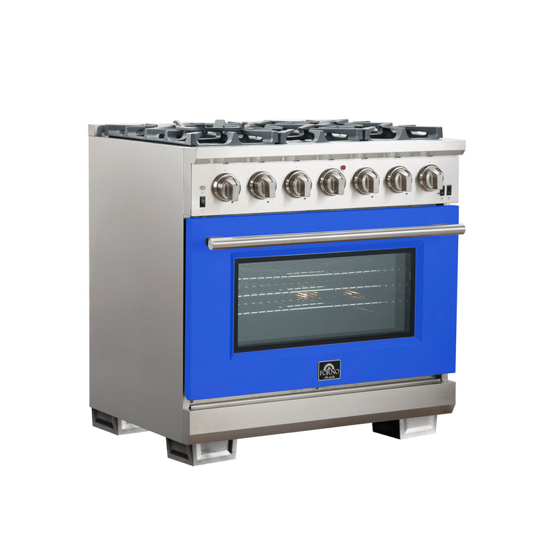 Forno Capriasca 36" Freestanding Gas Range in Stainless Steel with Blue Door, 6 Brass Burners, True Convection, Telescopic Racks, FFSGS6260-36BLU