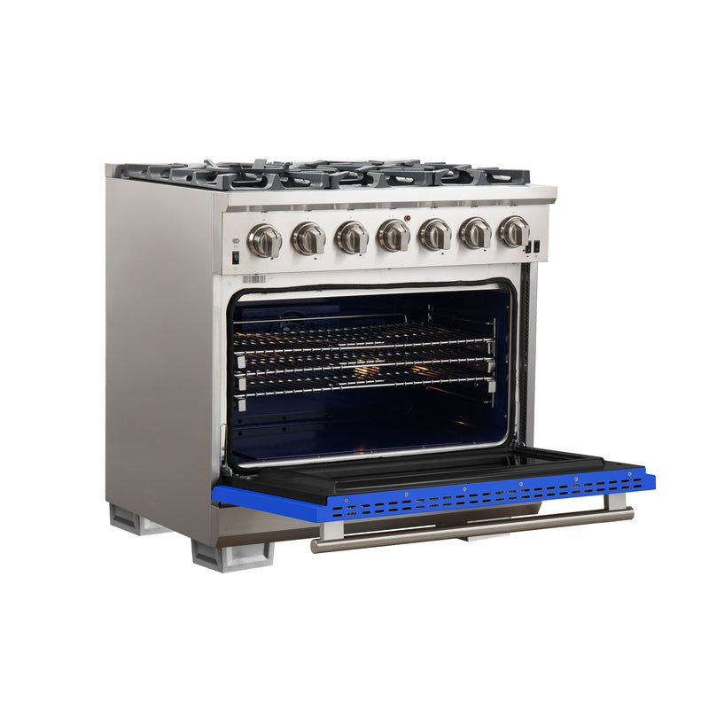 Forno Capriasca 36" Freestanding Gas Range in Stainless Steel with Blue Door, 6 Brass Burners, True Convection, Telescopic Racks, FFSGS6260-36BLU