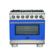 Forno Capriasca 36" Freestanding Gas Range in Stainless Steel with Blue Door, 6 Brass Burners, True Convection, Telescopic Racks, FFSGS6260-36BLU