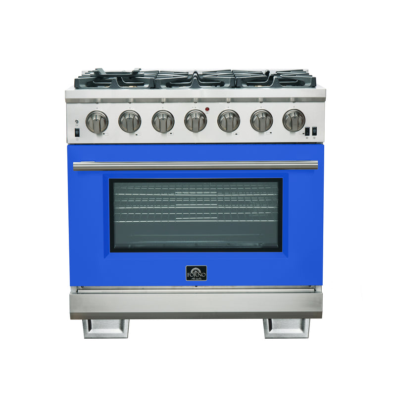 Forno Capriasca 36" Freestanding Gas Range in Stainless Steel with Blue Door, 6 Brass Burners, True Convection, Telescopic Racks, FFSGS6260-36BLU