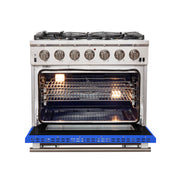 Forno Capriasca 36" Freestanding Gas Range in Stainless Steel with Blue Door, 6 Brass Burners, True Convection, Telescopic Racks, FFSGS6260-36BLU