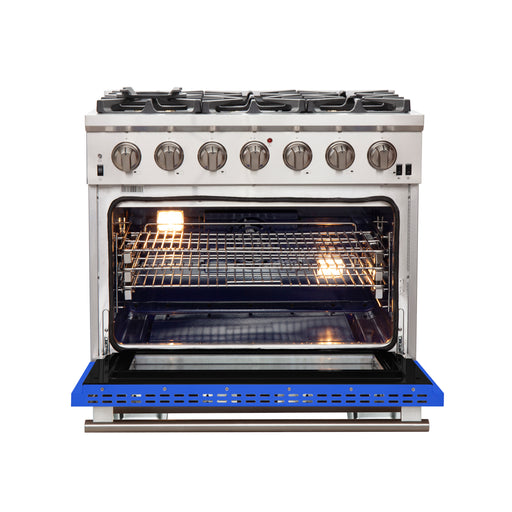 Forno Capriasca 36" Freestanding Gas Range in Stainless Steel with Blue Door, 6 Brass Burners, True Convection, Telescopic Racks, FFSGS6260-36BLU