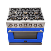 Forno Capriasca 36" Freestanding Gas Range in Stainless Steel with Blue Door, 6 Brass Burners, True Convection, Telescopic Racks, FFSGS6260-36BLU