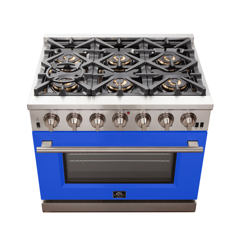Forno Capriasca 36" Freestanding Gas Range in Stainless Steel with Blue Door, 6 Brass Burners, True Convection, Telescopic Racks, FFSGS6260-36BLU
