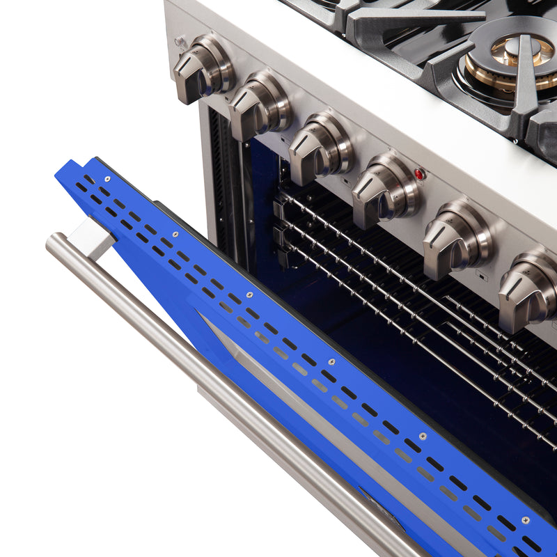 Forno Capriasca 36" Freestanding Gas Range in Stainless Steel with Blue Door, 6 Brass Burners, True Convection, Telescopic Racks, FFSGS6260-36BLU