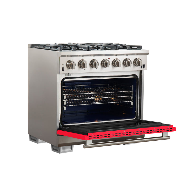 Forno Capriasca 36" Freestanding Gas Range in Stainless Steel with Red Door, 6 Brass Burners, True Convection, Telescopic Racks, FFSGS6260-36RED