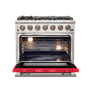 Forno Capriasca 36" Freestanding Gas Range in Stainless Steel with Red Door, 6 Brass Burners, True Convection, Telescopic Racks, FFSGS6260-36RED