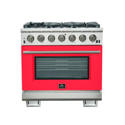 Forno Capriasca 36" Freestanding Gas Range in Stainless Steel with Red Door, 6 Brass Burners, True Convection, Telescopic Racks, FFSGS6260-36RED