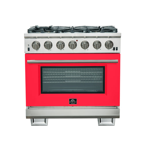 Forno Capriasca 36" Freestanding Gas Range in Stainless Steel with Red Door, 6 Brass Burners, True Convection, Telescopic Racks, FFSGS6260-36RED