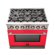 Forno Capriasca 36" Freestanding Gas Range in Stainless Steel with Red Door, 6 Brass Burners, True Convection, Telescopic Racks, FFSGS6260-36RED