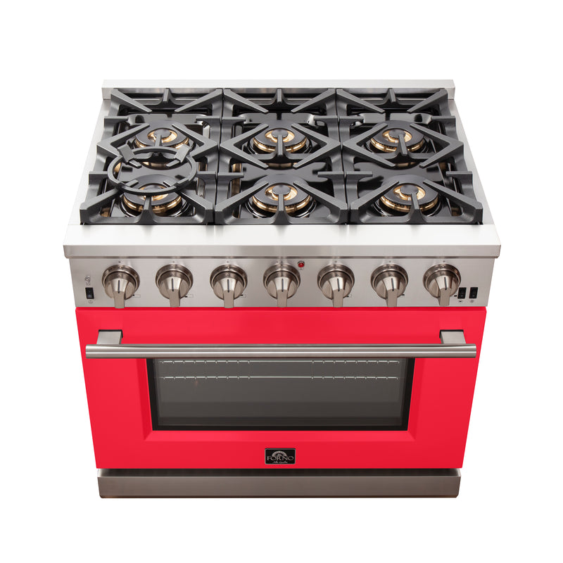Forno Capriasca 36" Freestanding Gas Range in Stainless Steel with Red Door, 6 Brass Burners, True Convection, Telescopic Racks, FFSGS6260-36RED