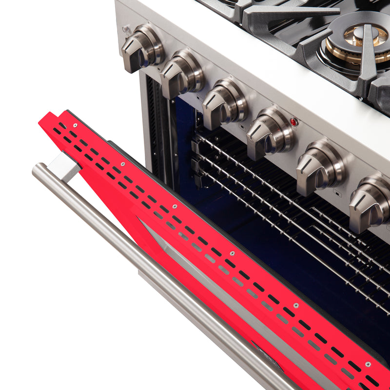 Forno Capriasca 36" Freestanding Gas Range in Stainless Steel with Red Door, 6 Brass Burners, True Convection, Telescopic Racks, FFSGS6260-36RED