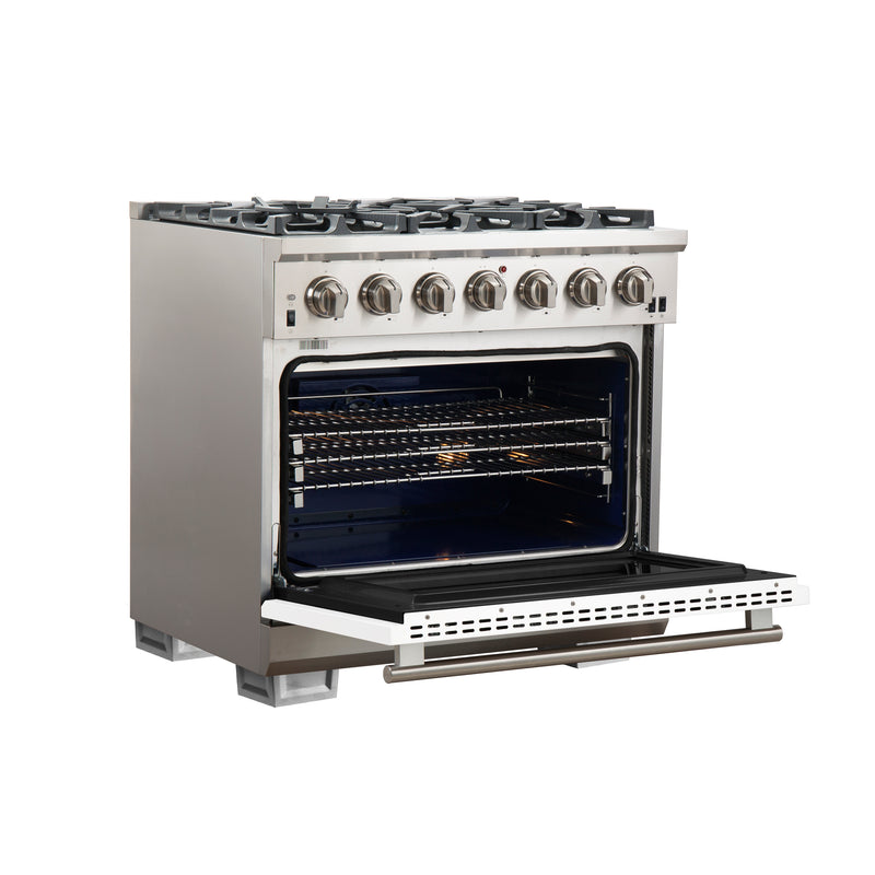Forno Capriasca 36" Freestanding Gas Range in in Stainless Steel with White Door, 6 Brass Burners, True Convection, Telescopic Racks, FFSGS6260-36WHT