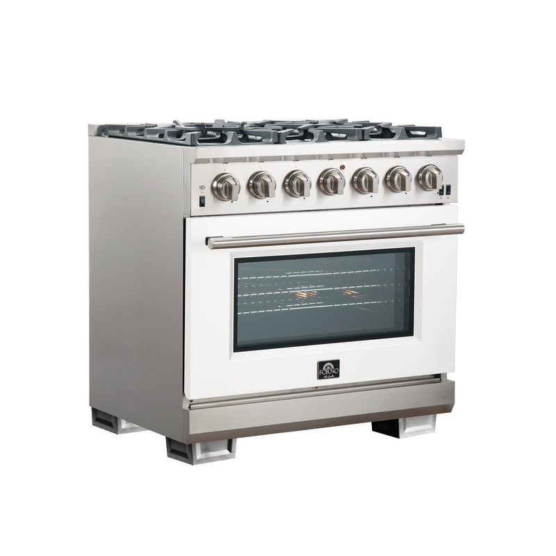 Forno Capriasca 36" Freestanding Gas Range in in Stainless Steel with White Door, 6 Brass Burners, True Convection, Telescopic Racks, FFSGS6260-36WHT