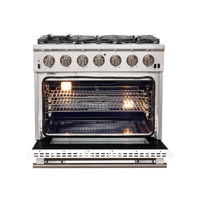Forno Capriasca 36" Freestanding Gas Range in in Stainless Steel with White Door, 6 Brass Burners, True Convection, Telescopic Racks, FFSGS6260-36WHT