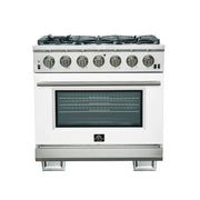 Forno Capriasca 36" Freestanding Gas Range in in Stainless Steel with White Door, 6 Brass Burners, True Convection, Telescopic Racks, FFSGS6260-36WHT