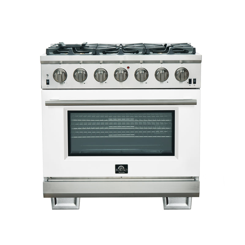 Forno Capriasca 36" Freestanding Gas Range in in Stainless Steel with White Door, 6 Brass Burners, True Convection, Telescopic Racks, FFSGS6260-36WHT