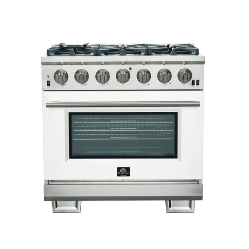 Forno Capriasca 36" Freestanding Gas Range in in Stainless Steel with White Door, 6 Brass Burners, True Convection, Telescopic Racks, FFSGS6260-36WHT