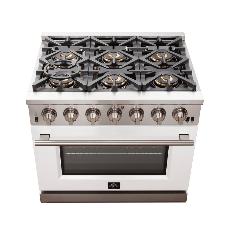 Forno Capriasca 36" Freestanding Gas Range in in Stainless Steel with White Door, 6 Brass Burners, True Convection, Telescopic Racks, FFSGS6260-36WHT