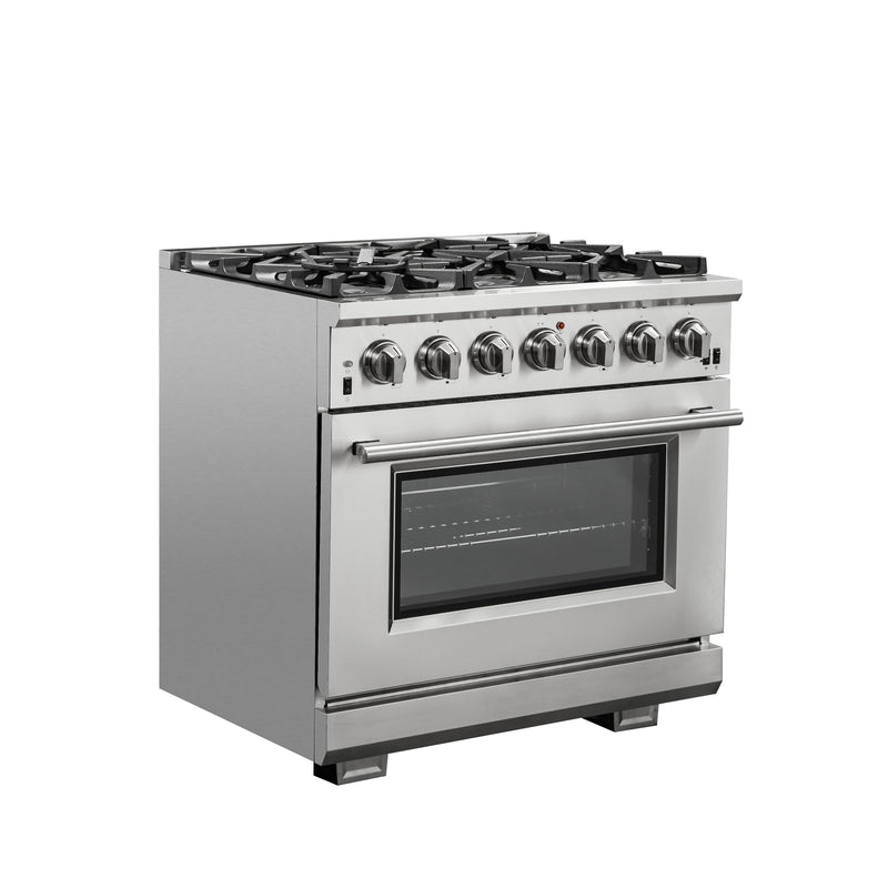 Forno Capriasca 36" Freestanding Gas Range in Stainless Steel, Brass Burners, Convection Fan, FFSGS6260-36