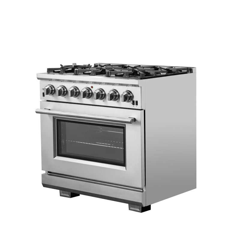 Forno Capriasca 36" Freestanding Gas Range in Stainless Steel, Brass Burners, Convection Fan, FFSGS6260-36