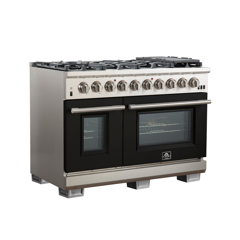 Forno Capriasca 48" Freestanding Gas Range in Stainless Steel with Black Door, 8 Brass Burners, Double Oven, Griddle, FFSGS6260-48BLK