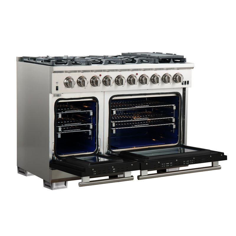 Forno Capriasca 48" Freestanding Gas Range in Stainless Steel with Black Door, 8 Brass Burners, Double Oven, Griddle, FFSGS6260-48BLK