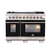 Forno Capriasca 48" Freestanding Gas Range in Stainless Steel with Black Door, 8 Brass Burners, Double Oven, Griddle, FFSGS6260-48BLK