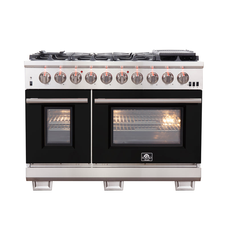 Forno Capriasca 48" Freestanding Gas Range in Stainless Steel with Black Door, 8 Brass Burners, Double Oven, Griddle, FFSGS6260-48BLK