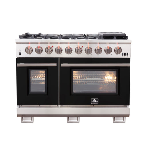 Forno Capriasca 48" Freestanding Gas Range in Stainless Steel with Black Door, 8 Brass Burners, Double Oven, Griddle, FFSGS6260-48BLK