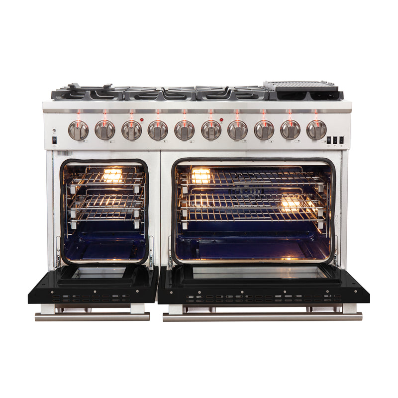 Forno Capriasca 48" Freestanding Gas Range in Stainless Steel with Black Door, 8 Brass Burners, Double Oven, Griddle, FFSGS6260-48BLK