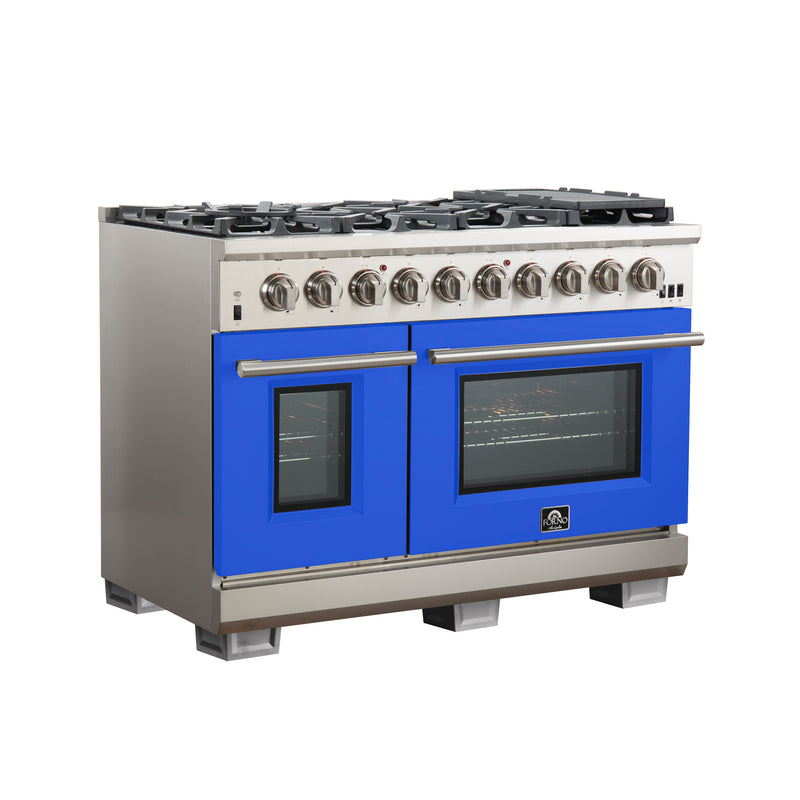 Forno Capriasca 48" Freestanding Gas Range in Stainless Steel with Blue Door, 8 Brass Burners, Double Oven, Griddle, FFSGS6260-48BLU