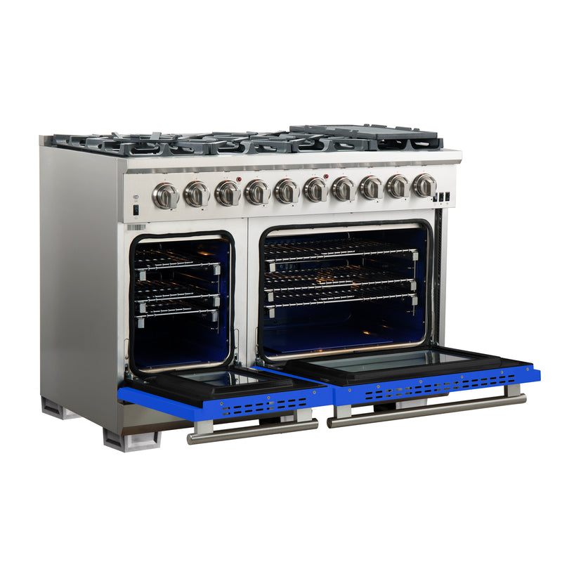 Forno Capriasca 48" Freestanding Gas Range in Stainless Steel with Blue Door, 8 Brass Burners, Double Oven, Griddle, FFSGS6260-48BLU