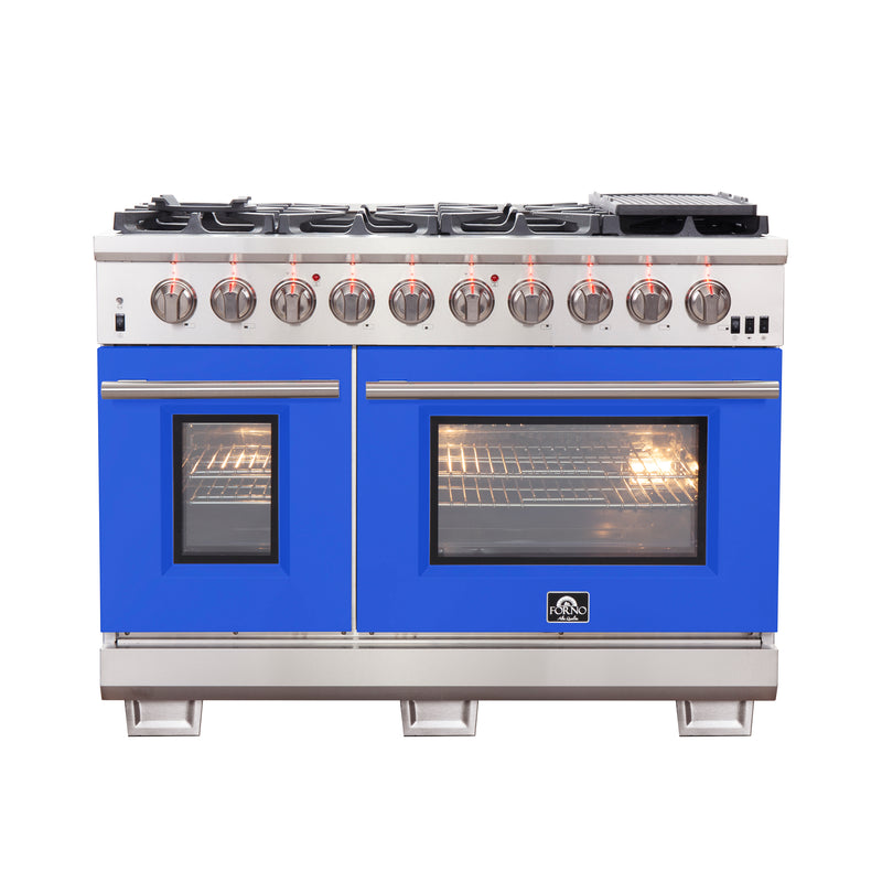 Forno Capriasca 48" Freestanding Gas Range in Stainless Steel with Blue Door, 8 Brass Burners, Double Oven, Griddle, FFSGS6260-48BLU