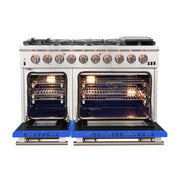 Forno Capriasca 48" Freestanding Gas Range in Stainless Steel with Blue Door, 8 Brass Burners, Double Oven, Griddle, FFSGS6260-48BLU