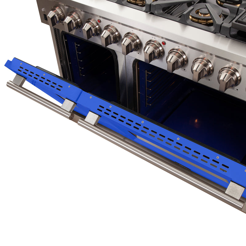 Forno Capriasca 48" Freestanding Gas Range in Stainless Steel with Blue Door, 8 Brass Burners, Double Oven, Griddle, FFSGS6260-48BLU