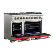 Forno Capriasca 48" Freestanding Gas Range in Stainless Steel with Red Door, 8 Brass Burners, Double Oven, Griddle, FFSGS6260-48RED