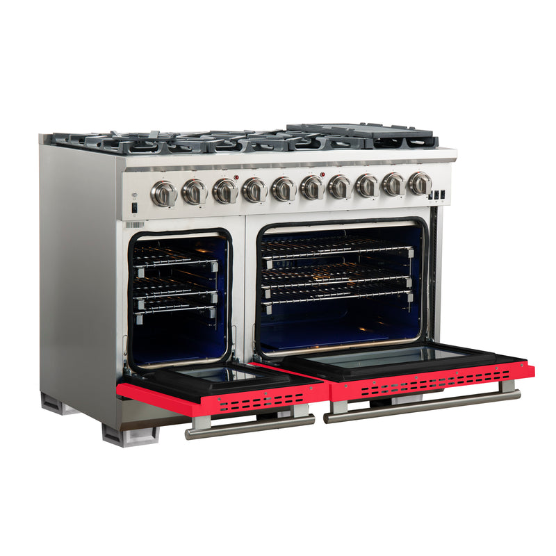 Forno Capriasca 48" Freestanding Gas Range in Stainless Steel with Red Door, 8 Brass Burners, Double Oven, Griddle, FFSGS6260-48RED