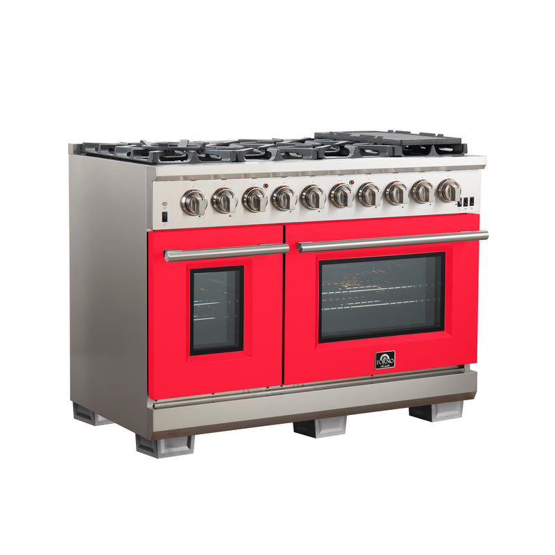 Forno Capriasca 48" Freestanding Gas Range in Stainless Steel with Red Door, 8 Brass Burners, Double Oven, Griddle, FFSGS6260-48RED