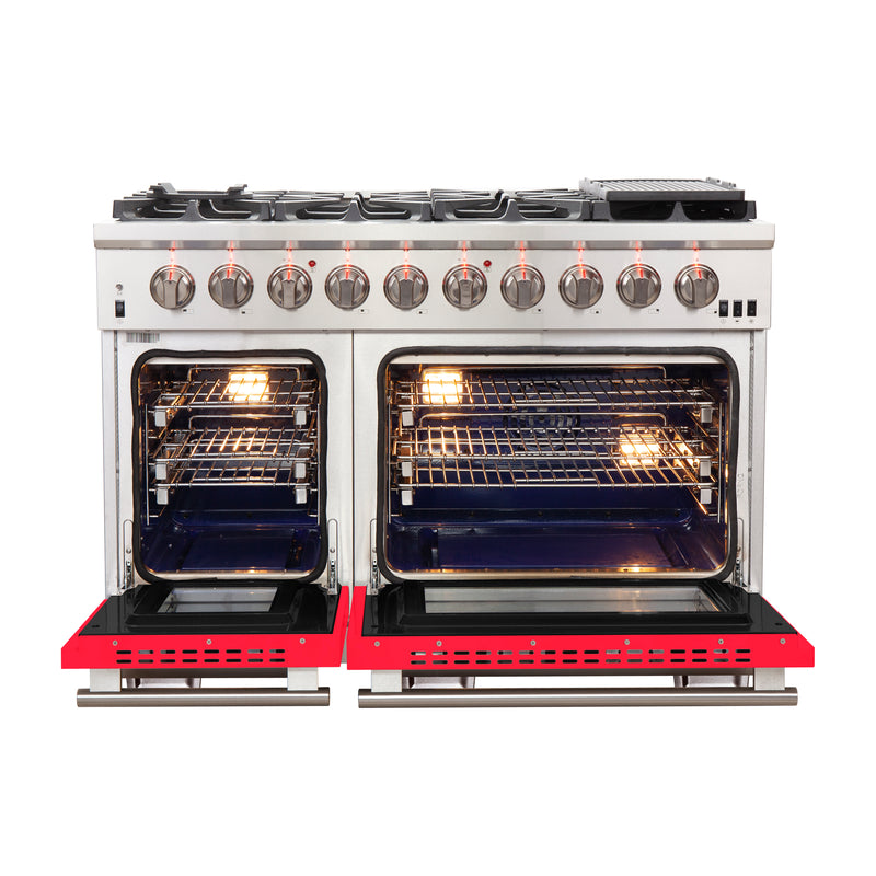 Forno Capriasca 48" Freestanding Gas Range in Stainless Steel with Red Door, 8 Brass Burners, Double Oven, Griddle, FFSGS6260-48RED