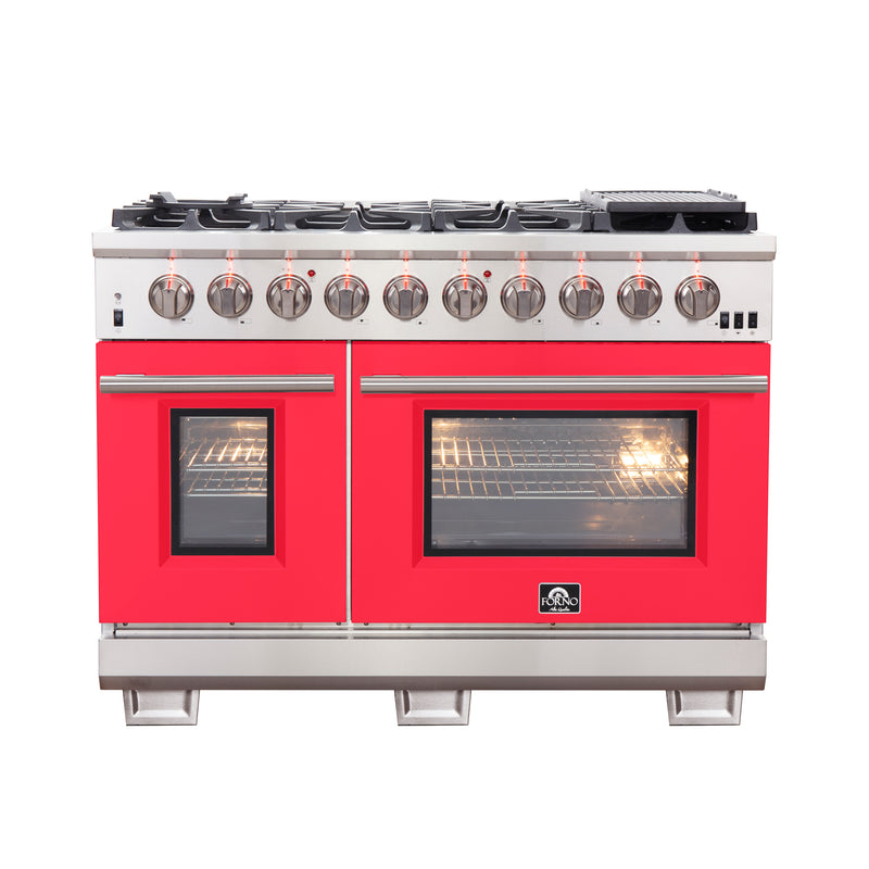 Forno Capriasca 48" Freestanding Gas Range in Stainless Steel with Red Door, 8 Brass Burners, Double Oven, Griddle, FFSGS6260-48RED