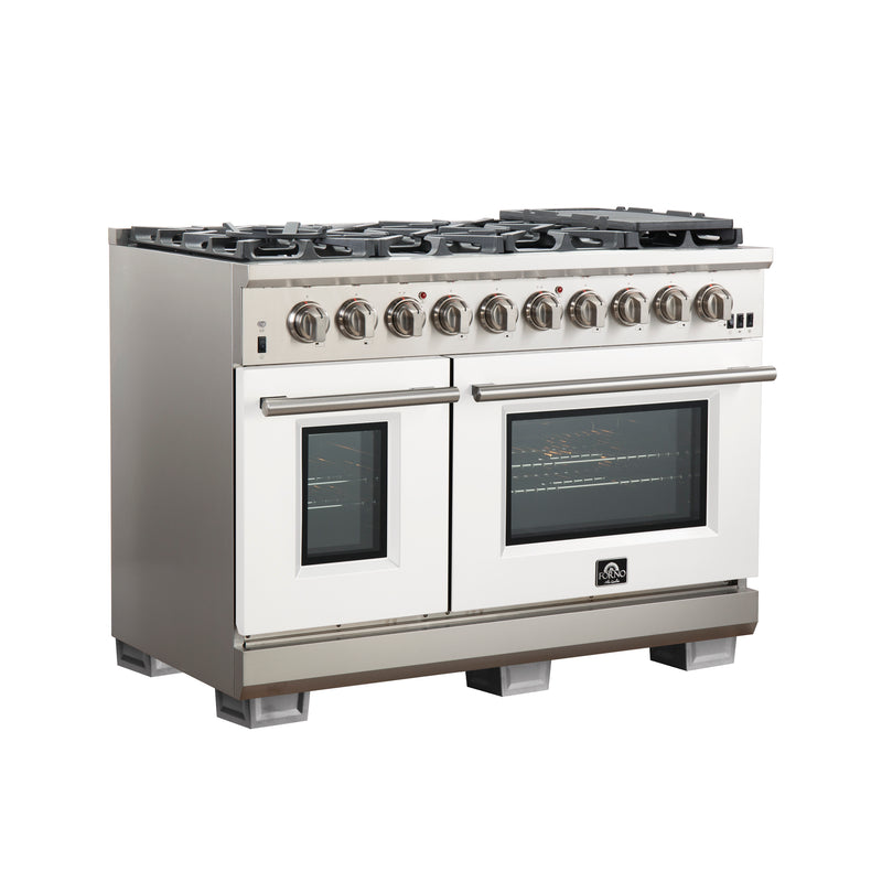 Forno Capriasca 48" Freestanding Gas Range in in Stainless Steel with White Door, 8 Brass Burners, Double Oven, Griddle, FFSGS6260-48WHT
