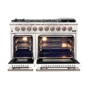 Forno Capriasca 48" Freestanding Gas Range in in Stainless Steel with White Door, 8 Brass Burners, Double Oven, Griddle, FFSGS6260-48WHT