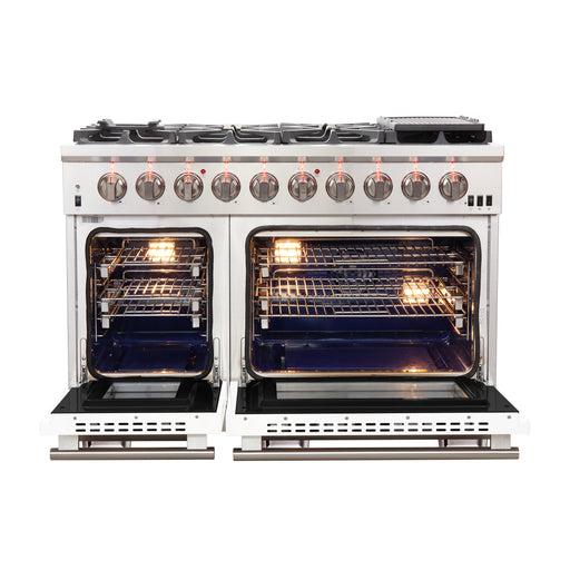 Forno Capriasca 48" Freestanding Gas Range in in Stainless Steel with White Door, 8 Brass Burners, Double Oven, Griddle, FFSGS6260-48WHT