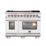 Forno Capriasca 48" Freestanding Gas Range in in Stainless Steel with White Door, 8 Brass Burners, Double Oven, Griddle, FFSGS6260-48WHT