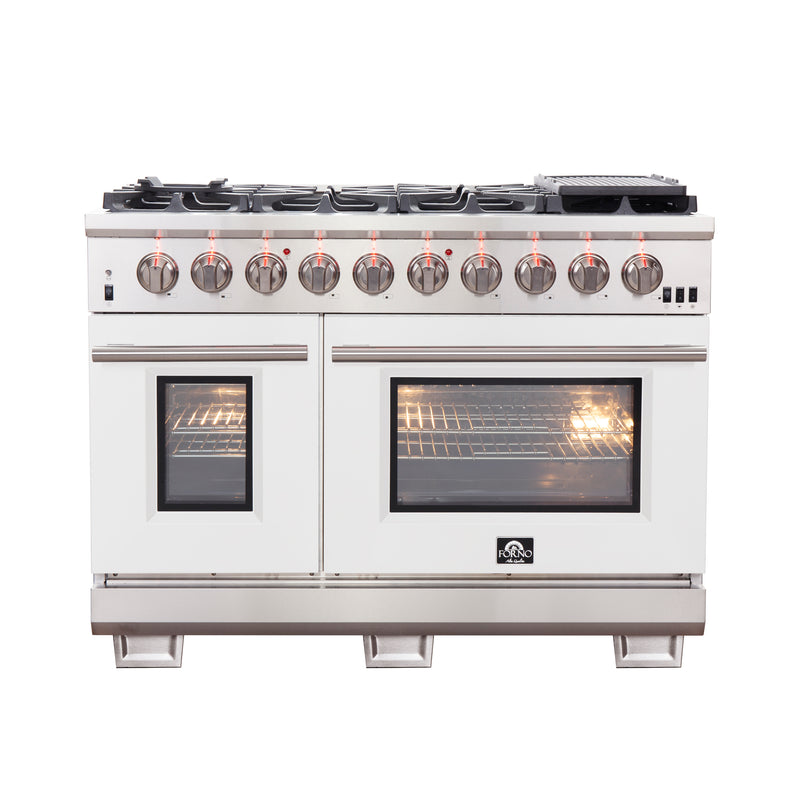 Forno Capriasca 48" Freestanding Gas Range in in Stainless Steel with White Door, 8 Brass Burners, Double Oven, Griddle, FFSGS6260-48WHT