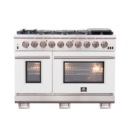 Forno Capriasca 48" Freestanding Gas Range in in Stainless Steel with White Door, 8 Brass Burners, Double Oven, Griddle, FFSGS6260-48WHT