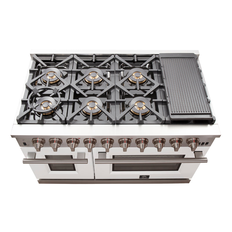 Forno Capriasca 48" Freestanding Gas Range in in Stainless Steel with White Door, 8 Brass Burners, Double Oven, Griddle, FFSGS6260-48WHT